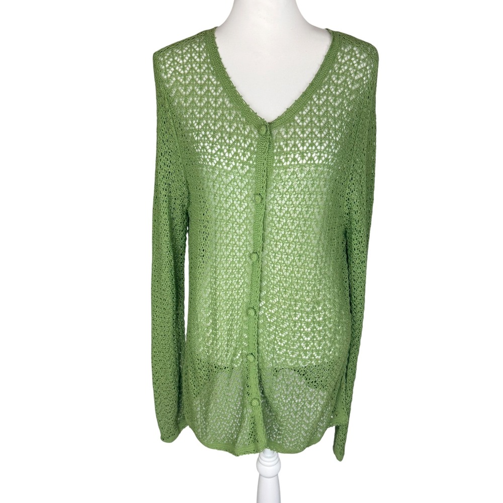 April Cornell Green Open Knit Crochet Button Front V-Neck Cardigan Sweater L